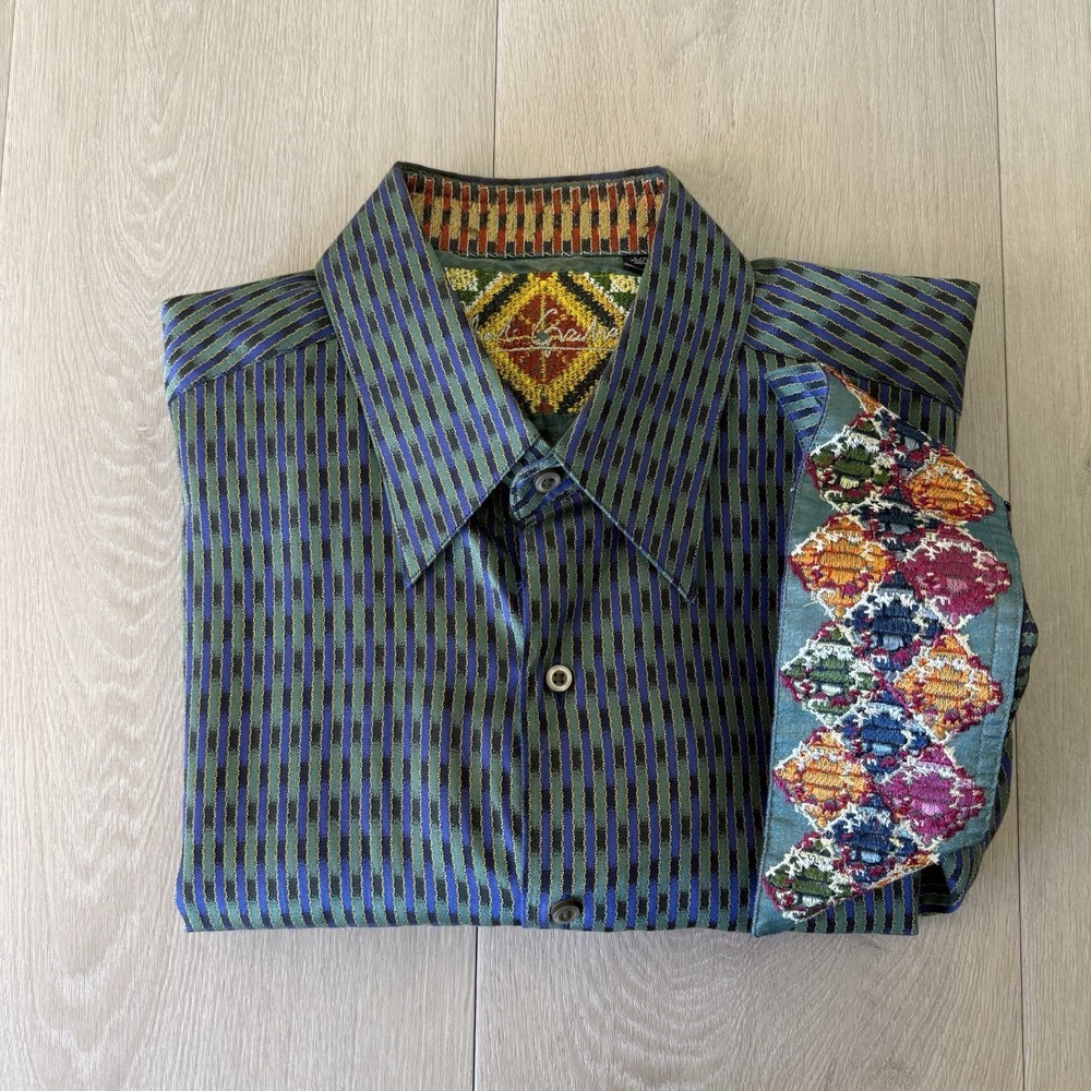 Robert Graham Shirt Mens L Large Abstract Green Blue Pattern Flip Cuff Embroider
